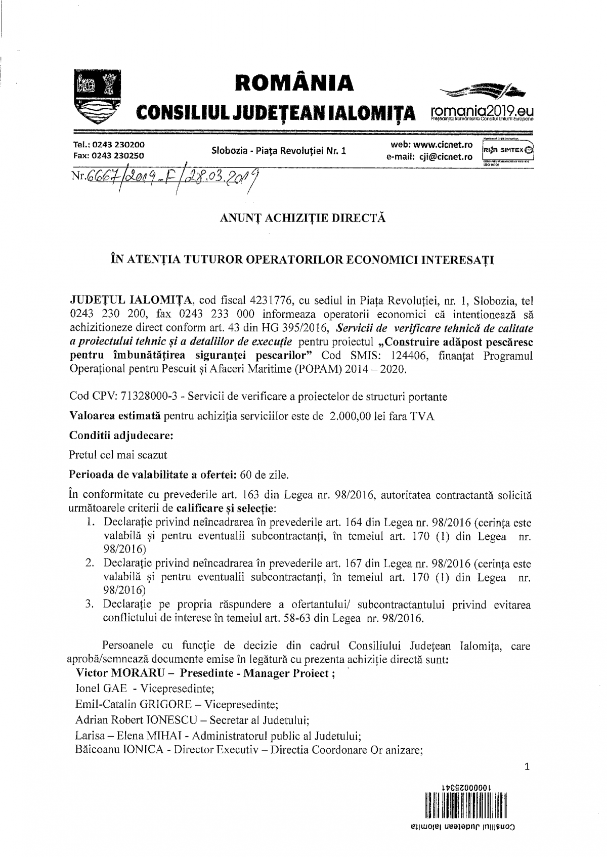Anunt achizitie directa Servicii de verificare tehnica de calitate a